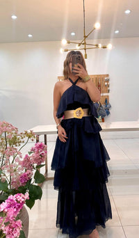 Vestido largo seda halter detalle